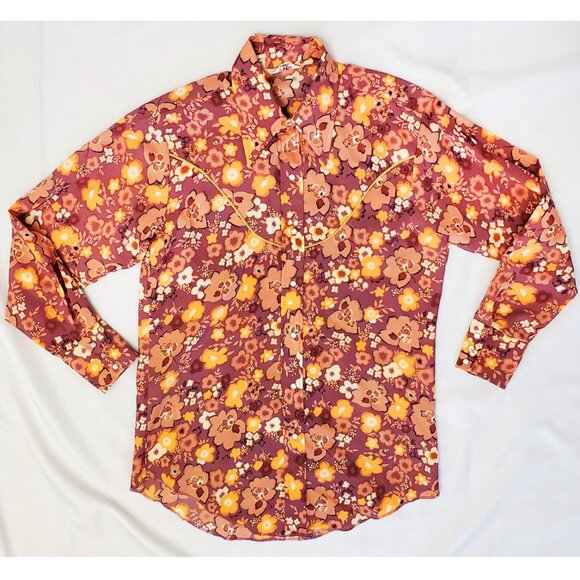 Tem Tex Vintage Mens Western 1970s Shirt Pearl Snap Cowboy Rodeo Groovy Floral - Picture 5 of 11